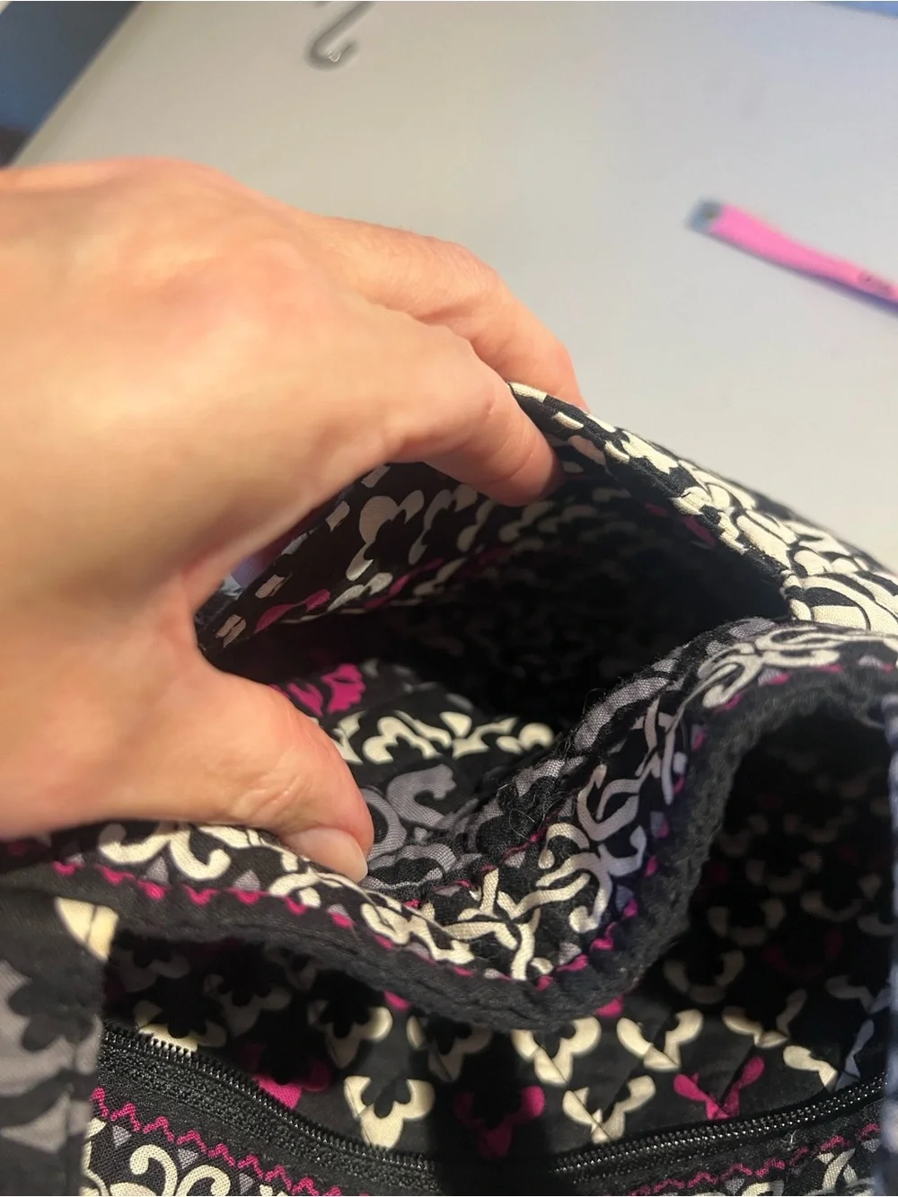 Vera Bradley Black Quilted Tote with Magenta and White Medallions